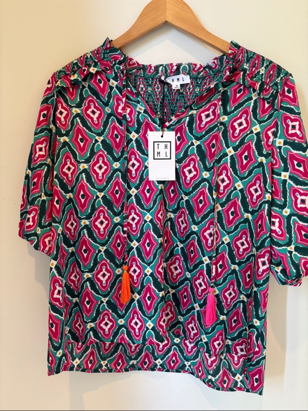 THML Teal and Hot Pink Printed Ruffle-Neck Puff Sleeve Blouse - Picture 9 of 16